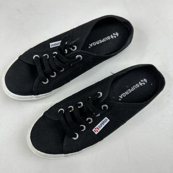SUPERGA Black Canvas Slip On Mules Slide Sneakers Womens 7.5 Mens 6 Lace Up 2402 - Picture 3 of 12